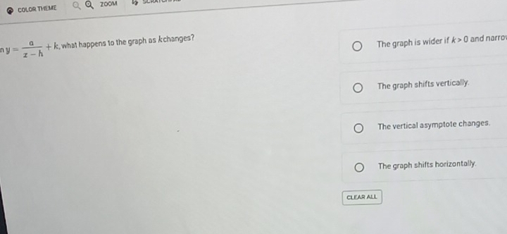COLOR THEME ZOOM A
y= a/x-h +k , what happens to the graph as kchanges? k>0 and narro
The graph is wider if
The graph shifts vertically.
The vertical asymptote changes.
The graph shifts horizontally.
CLEAR ALL