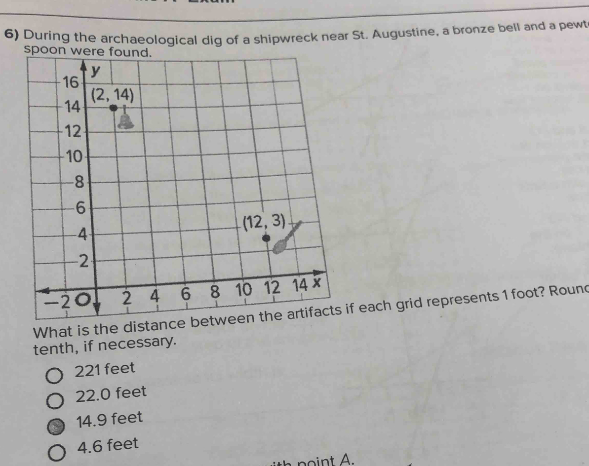 During the archaeological dig of a shipwreck near St. Augustine, a bronze bell and a pewt
What is the distance between the artifacts if each grid represents 1 foot? Round
tenth, if necessary.
221 feet
22.0 feet
14.9 feet
4.6 feet
point A.