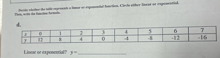 Decide whether the table represents a linear or exponential function. Cirele either linear or exponential. 
Then, write the function formula. 
Linear or exponential? y= _