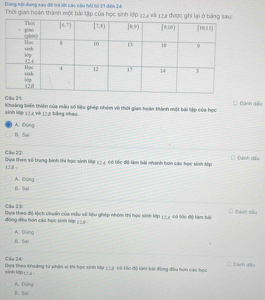Dùng nội dung sau đế trả lời các câu hỏi từ 21 đến 24
Thời gian hoàn thành một bài tập của học sinh lớp 124 và 128 được ghi 
Câu 21:
Đánh dấu
Khoảng biến thiên của mâu số liệu ghép nhóm về thời gian hoàn thành một bài tập của học
sinh lớp 124 và 128 bằng nhau.
A. Đúng
B. Sai
Câu 22:
Đánh dấu
Dựa theo số trung bình thì học sinh lớp 12A có tốc độ làm bài nhanh hơn các học sinh lớp
12B .
A. Đúng
B. Sai
Câu 23:
Đánh dấu
Dựa theo độ lệch chuẩn của mẫu số liệu ghép nhóm thì học sinh lớp 124 có tốc độ làm bài
đồng đều hơn các học sinh lớp 12B .
A. Đúng
B. Sai
Câu 24:
Đánh dấu
Dựa theo khoảng tứ phân vị thì học sinh lớp 128 có tốc độ làm bài đồng đều hơn các học
sinh lớp 12 A ·
A. Đúng
B. Sai