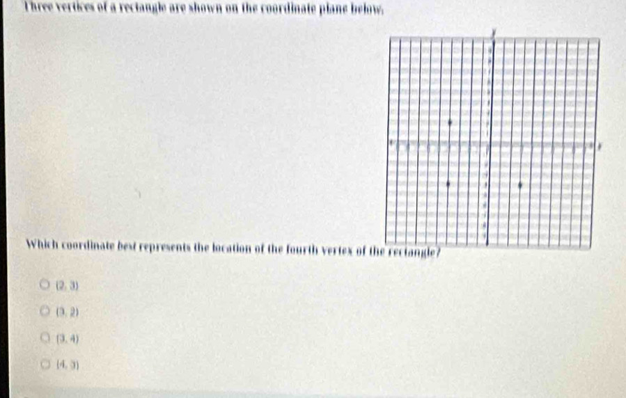 hree vertices of a rectangle are shown on the coordinate plane below.
Which coordinate best represents the location of the fourth vertex of
(2,3)
(3,2)
(3,4)
(4,3)