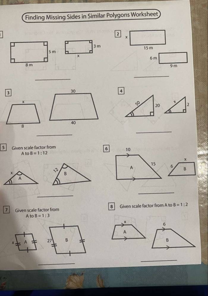 Finding Missing Sides in Similar Polygons Worksheet 
2 
×
3 m 15 m
×
6 m
9m
_ 
_
3
4 
so 20 2
_ 
_ 
5 Given scale factor from
6 10
A to B=1:12
x
15 6 B
12
A
x
B 
A 
_ 
_ 
7 Given scale factor from 8 Given scale factor from A to B=1:2
A to B=1:3
×
6
A
× A 27 B B
_ 
_