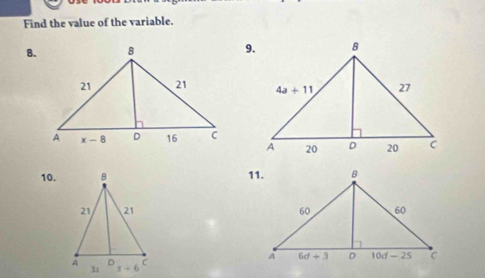 Find the value of the variable.
8.
9.
10.