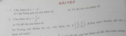 bài tập 
1. Cho hàm số y=-x^2. b) Vẽ đồ thị của hàm số 
a) Lập bảng giá trị của hàm số 
2. Cho hàm số y= 1/2 x^2
a) Vẽ đổ thị của hàm số. 
hàm sổ trên? A(-6;-8), B(6;8), C( 2/3 ; 2/9 ) , điểm nào thuộc đồ thị c
b) Trong các điểm 
Vã đồ thị của hai hàm số đã cho trên cùng