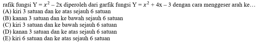 rafik fungsi Y=x^2-2x diperoleh dari garfik fungsi Y=x^2+4x-3 dengan cara menggeser arah ke…
(A) kiri 3 satuan dan ke atas sejauh 6 satuan
(B) kanan 3 satuan dan ke bawah sejauh 6 satuan
(C) kiri 3 satuan dan ke bawah sejauh 6 satuan
(D) kanan 3 satuan dan ke atas sejauh 6 satuan
(E) kiri 6 satuan dan ke atas sejauh 6 satuan