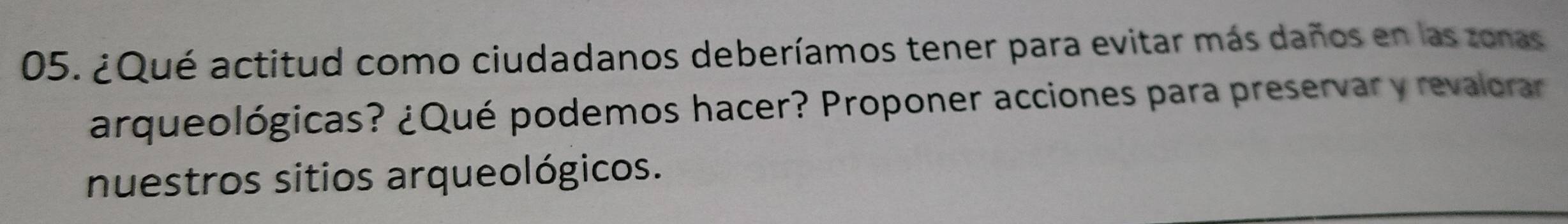 ¿Qué actitud como ciudadanos deberíamos tener para evitar más daños en las zonas 
arqueológicas? ¿Qué podemos hacer? Proponer acciones para preservar y revalorar 
nuestros sitios arqueológicos.