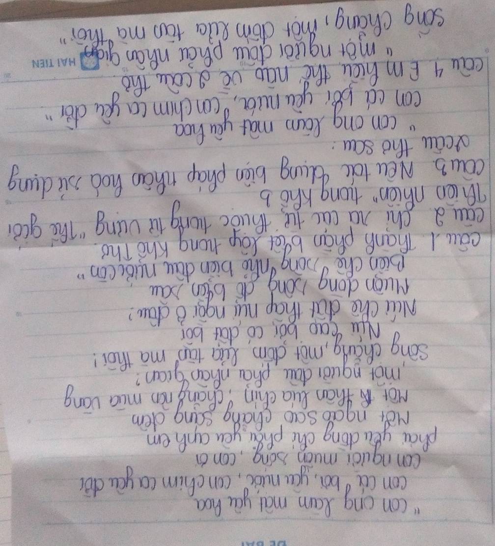 " con ong Ram mai yōu hog 
con cu boi, you nuǔic, con chim ca you dà 
con nquci mucn sóng. , con a 
phai yěu dōng chi phg Si you anh em 
Her ngao sao chang scing dem 
Mot Chiān Yua chin Cháng nán mua váng 
mōr nquái dāi phāi nhān giān? 
song cháng, mot dàn Riǎn tān ma thōt 
Niu cao boi co dai bor 
Nli che da thap nui ngai a daw? 
Musn dong hong do bgan bau 
Bièn ché nong hho biòn dōu ruǒicān " 
cāu 1 Thang phān b let loy tong kho Tho 
cau a shí ná cài te thuóc fuong ií vung "`The gcó 
Thin Mhicn" tong Zho b 
cous New toc thung biān phap thāo hod sù dung 
ocau tho sau: 
con ong lan māt yu hog 
con cd pei yóu nubi, con chim ca yòu dǎ " 
cāu 4 Em hicu the nāo vè Q cāu thò 
"mor nquòi dōu phāi nhán giā 
song cháng, mor dǒn Qia tāo mà thōi