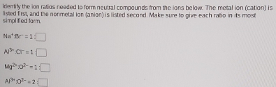 ldentify the ion ratios needed to form neutral compounds from the ions below. The metal ion (cation) is 
simplified form. listed first, and the nonmetal ion (anion) is listed second. Make sure to give each ratio in its most
Na^+:Br=1:□
Al^(3+):Cl^-=1:□
Mg^(2+):O^(2-)=1:□
Al^(3+):O^(2-)=2:□