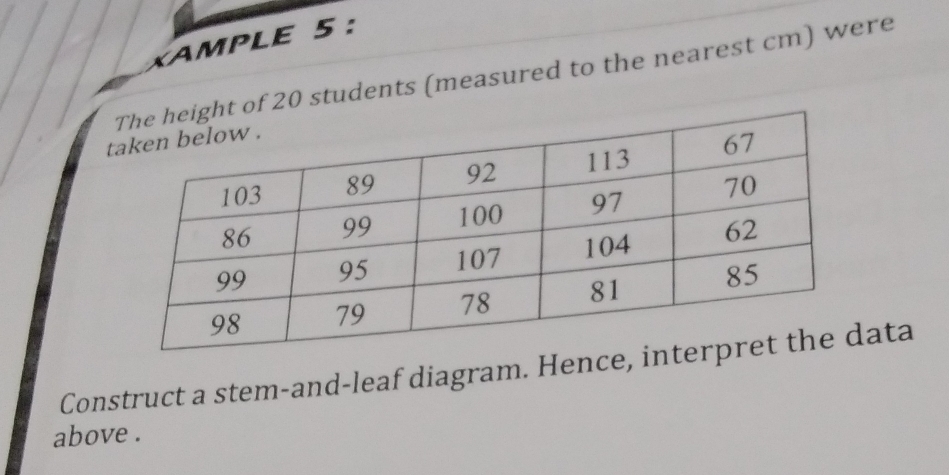 XAMPLE 5 : 
f 20 students (measured to the nearest cm) were 
Construct a stem-and-leaf diagram. Hence, inata 
above .