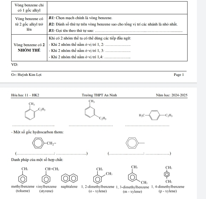 Gv: Huỳnh Kim Lợi Page 1
Hóa học 11 = HK2 Trường THPT An Ninh Năm học: 2024-2025
CH_3
CH_3
C_2H_5
C_2H_5
H_3C-□ -C_2H_5
_
__
- Một số gốc hydrocarbon thơm:
bigcirc -CH_2-
_
□.)
( __( . _. )
Danh pháp của một số hợp chất:
CH_3 CH=CH_2
CH_3 CH_3 CH_3
CH_3
CH_3 CH_3
methylbenzene vinylbenzene naphtalene 1, 2-dimethylbenzene 1, 3-dimethylbenzene 1, 4-dimethylbenzene
(toluene) (styrene) (0- (ylene) (m- xyle e D - xylene)