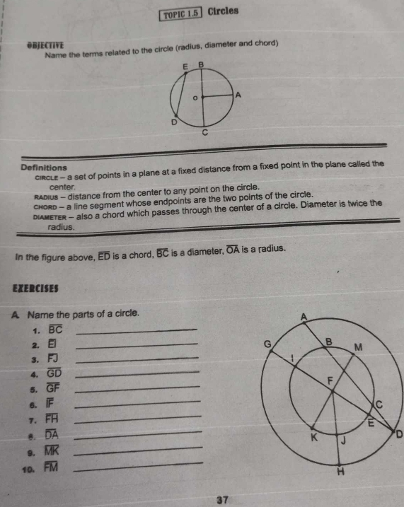 TOPIC 1.5 Circles 
OBJECTIVE 
Name the terms related to the circle (radius, diameter and chord) 
Definitions 
CIRCLE - a set of points in a plane at a fixed distance from a fixed point in the plane called the 
center. 
RADIus - distance from the center to any point on the circle. 
chord - a line segment whose endpoints are the two points of the circle. 
diAMETER - also a chord which passes through the center of a circle. Diameter is twice the 
radius. 
In the figure above, overline ED is a chord, overline BC is a diameter, overline OA is a radius. 
EXERCISES 
A Name the parts of a circle. 
1. overline BC _ 
2. EI _ 
3. FJ _ 
4. overline GD _ 
5. overline GF _ 
6. overline IF _ 
7. overline FH _ 
8. overline DA _D 
_ 
9. overline MK
_ 
10. overline FM
37