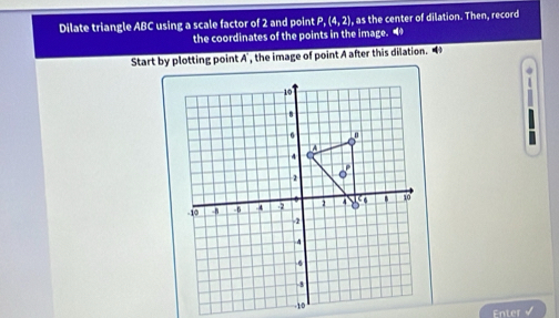 Dilate triangle ABC using a scale factor of 2 and point P, (4, 2), as the center of dilation. Then, record
the coordinates of the points in the image. “
Start by plotting point A', the image of point A after this dilation. 
Enter √