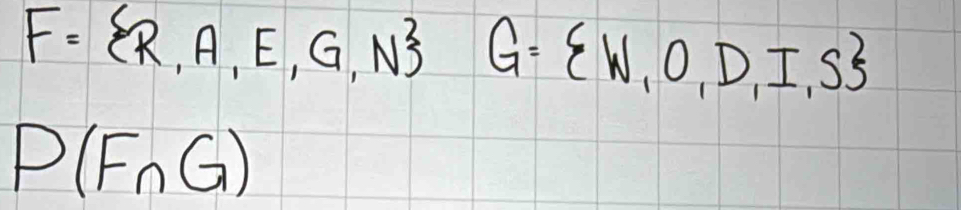 F= R,A,E,G,N G= W,O,D,I,S
P(F_nG)