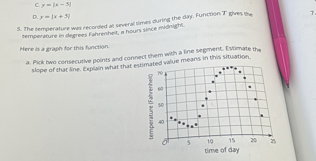 C. y=|x-5|
D. y=|x+5|
5. The temperature was recorded at several times during the day. Function T gives the
7.
temperature in degrees Fahrenheit, π hours since midnight.
Here is a graph for this function.
a. Pick two consecutive points and connect them with a line segment. Estimate the
slope of that line. Explain what that ealue means in this situation.