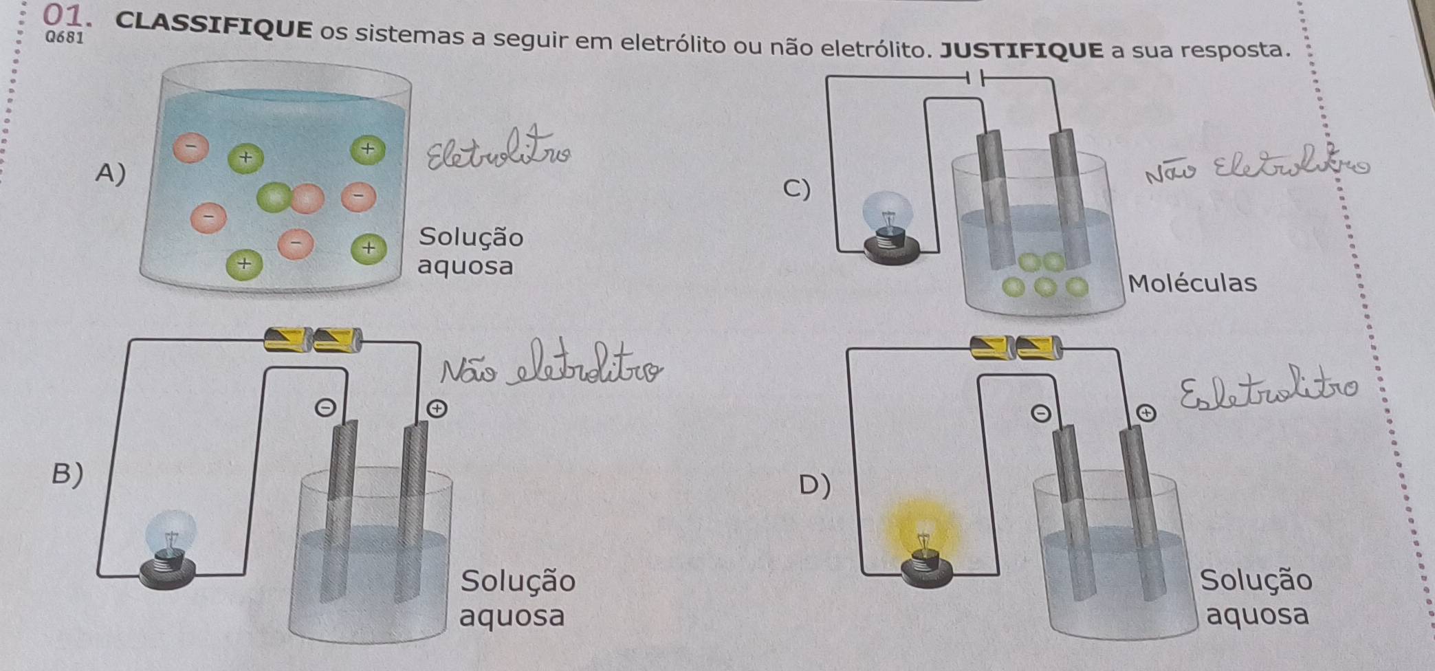 CLASSIFIQUE os sistemas a seguir em eletrólito ou não eletrólito. JUSTIFIQUE a sua resposta. 
Q681 
A) 
+ 
C 
+ Solução 
+ aquosa 
oléculas 
B 
D)