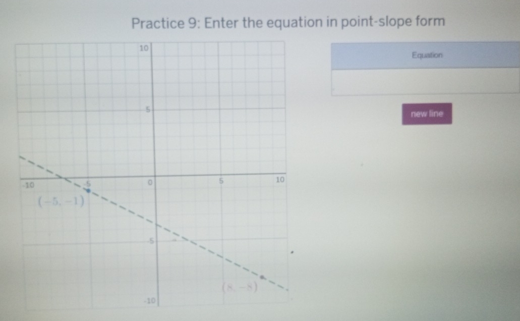 Practice 9: Enter the equation in point-slope form
Equation
new line