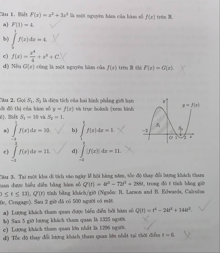 Biết F(x)=x^3+3x^21 là một nguyên hàm của hàm số f(x) trên R.
a) F(1)=4.
b) ∈tlimits _0^(1f(x)dx=4.
c) f(x)=frac x^4)4+x^3+C.
d) Nếu G(x) cũng là một nguyên hàm của f(x) trên R thì F(x)=G(x).
Câu 2. Gọi S_1,S_2 là diện tích của hai hình phẳng giới hạn 
ởi đồ thị của hàm số y=f(x) và trục hoành (xem hình
ē). Biết S_1=10 và S_2=1.
a) ∈tlimits _(-2)^1f(x)dx=10. ∈tlimits _1^(2f(x)dx=1.
b)
c) ∈tlimits _(-2)^2f(x)dx=11. d) ∈tlimits _(-2)^|f(x)|dx=11.
Câu 3. Tại một khu di tích vào ngày lễ hội hàng năm, tốc độ thay đổi lượng khách tham
uan được biểu diễn bằng hàm số Q'(t)=4t^3)-72t^2+288t , trong đó t tính bằng giờ
0≤ t≤ 13),Q'(t) tính bằng khách/giờ (Nguồn: R. Larson and B. Edwards, Calculus
0c, Cengage). Sau 2 giờ đã có 500 người có mặt.
a) Lượng khách tham quan được biểu diễn bởi hàm số Q(t)=t^4-24t^3+144t^2.
b) Sau 5 giờ lượng khách tham quan là 1325 người.
c) Lượng khách tham quan lớn nhất là 1296 người.
d) Tốc độ thay đổi lượng khách tham quan lớn nhất tại thời điểm t=6.