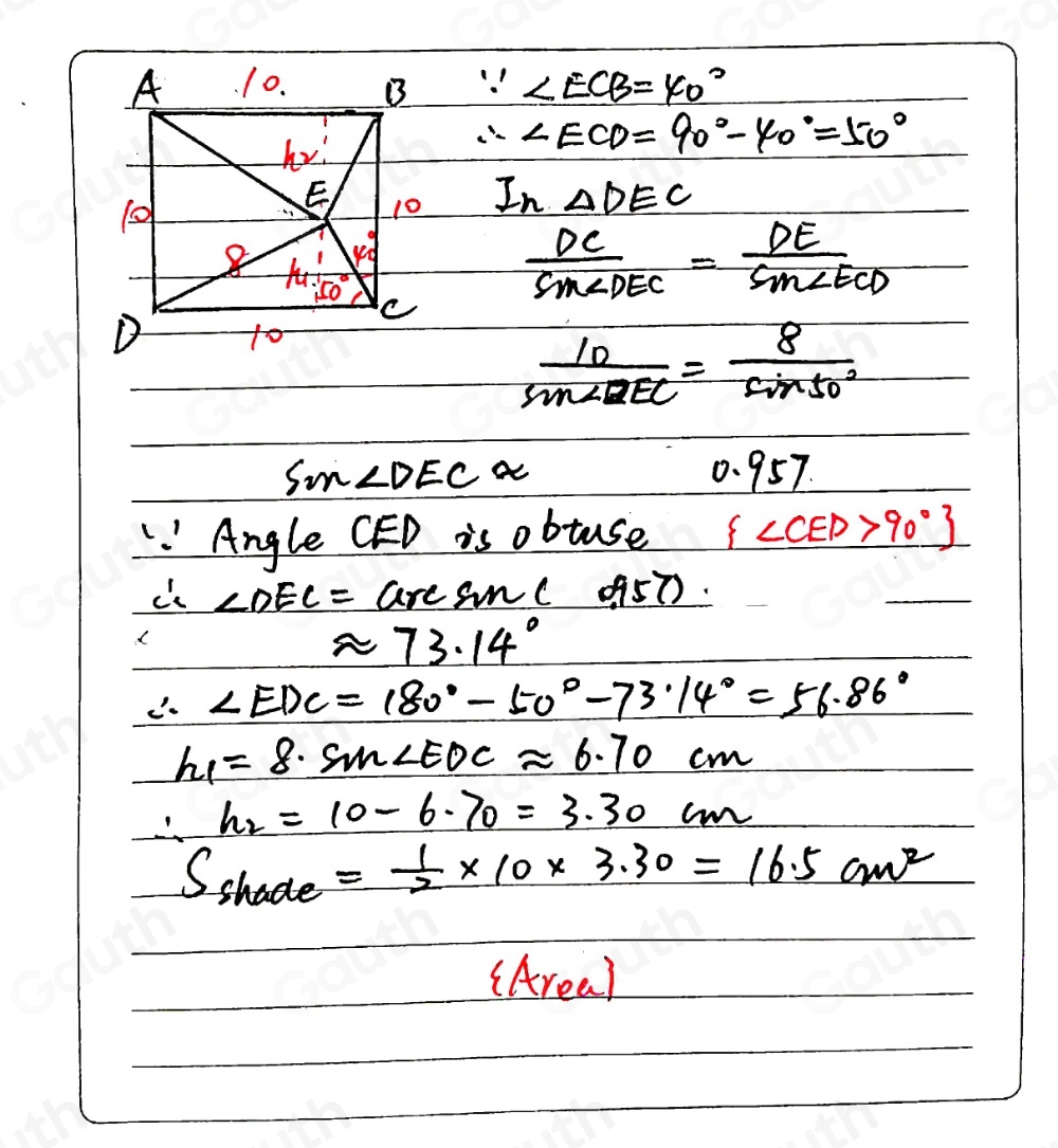 Solved: ABCD is a square. Angle CED is obtuse. Find the area of the ...