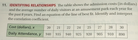 IDENTIFYING RELATIONSHIPS The table shows the admission costs (in dollars) 
and the average number of daily visitors at an amusement park each year for 
the past 8 years. Find an equation of the line of best fit. Identify and interpret 
the correlation coefficient.