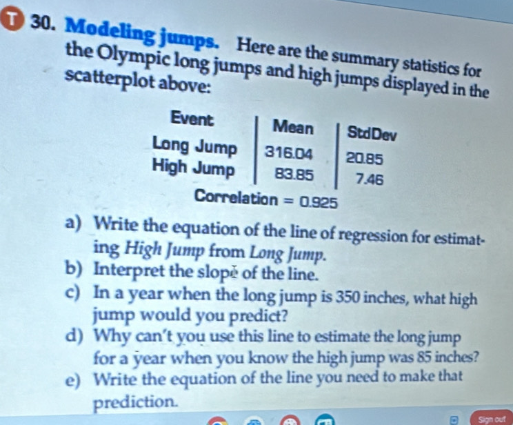 Modeling jumps. Here are the summary statistics for 
the Olympic long jumps and high jumps displayed in the 
scatterplot above:
=0.925
a) Write the equation of the line of regression for estimat- 
ing High Jump from Long Jump. 
b) Interpret the slope of the line. 
c) In a year when the long jump is 350 inches, what high 
jump would you predict? 
d) Why can’t you use this line to estimate the long jump 
for a year when you know the high jump was 85 inches? 
e) Write the equation of the line you need to make that 
prediction. 
Sign out