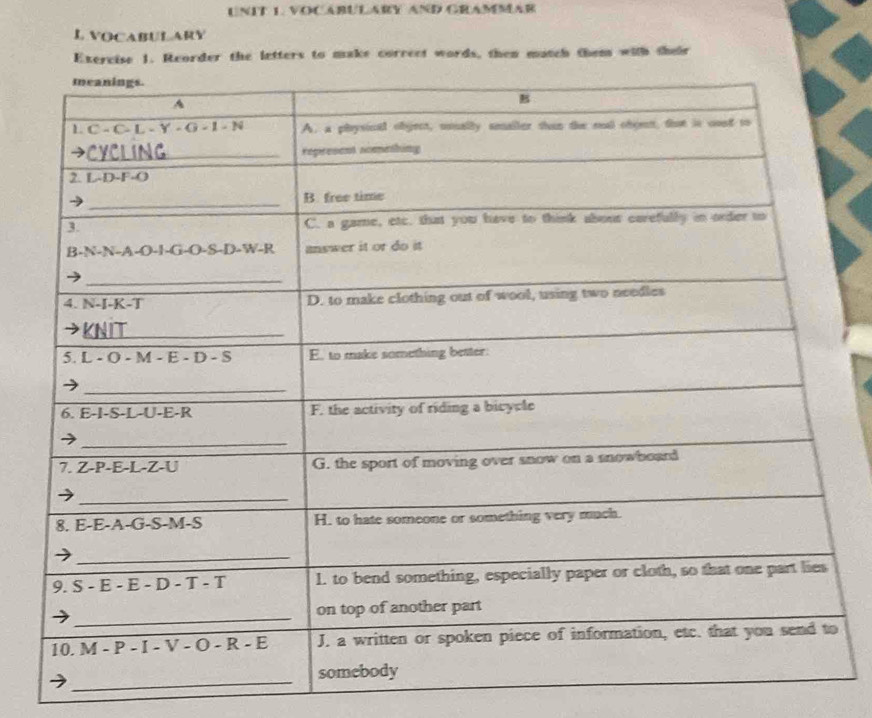 VOCABULARY AND GRAMMAR
L vocaBULARY
Exercise 1. Reorder the letters to make correct words, then match them with their
_