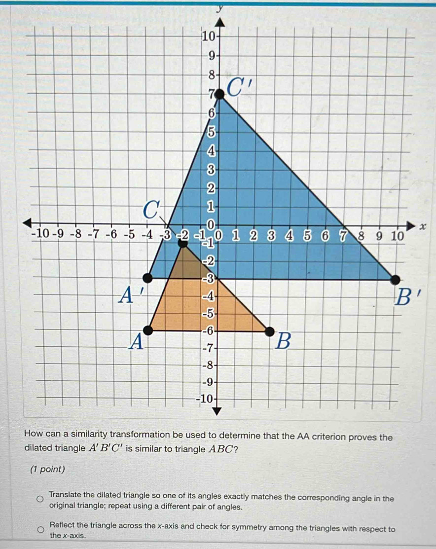 Translate the dilated triangle so one of its angles exactly matches the corresponding angle in the
original triangle; repeat using a different pair of angles.
Reflect the triangle across the x-axis and check for symmetry among the triangles with respect to
the x-axis.