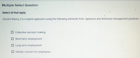 Multiple Select Question
Select all that apply
Ouchi's theory Z is a hybrid approach using the following elements from Japanese and American management practices:
Collective decision making
Short term employment
Long term employment
Holistic concern for employees