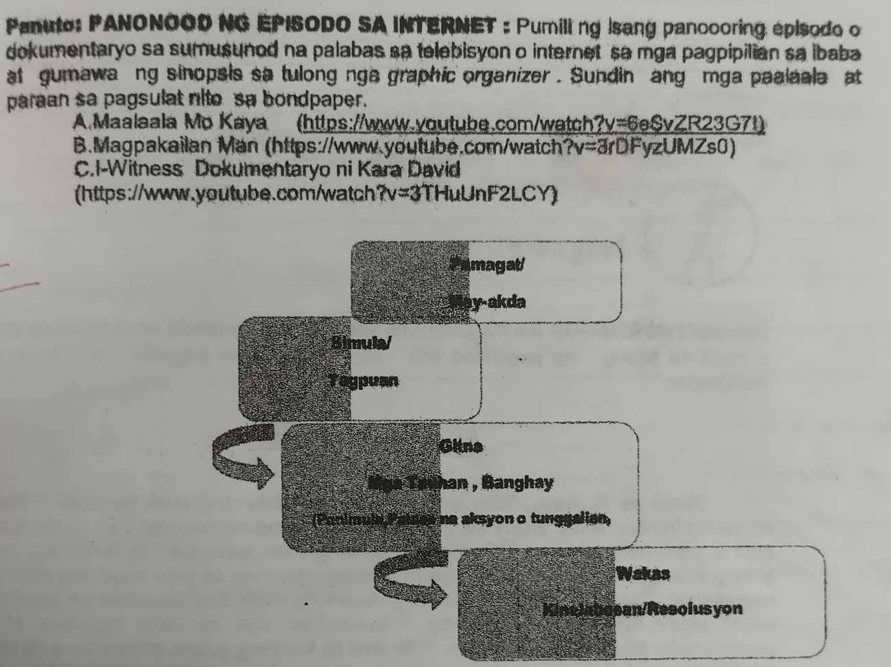 Panuto: PANONOOD NG EPISODO SA INTERNET : Pumiling Isang pancooring episodo o 
dokumentaryo sa sumusuned na palabas sa telebisyon o internet sa mga pagpipilian sa ibaba 
at gumawang sinopsis sa tulong nga graphic organizer . Sundin ang mga paalaala at 
paraan sa pagsulat rlto sa bondpaper. 
A.Maalaala Mo Kaya (https://www.youtube.com/watch y=6eSvZR23G7t) 
B.Magpakailan Man (https://www.youtube.com/watch ?v= 3rDFyzUMZs0) 
C.I-Witness Dokumentaryo ni Kara David 
(https://www.youtube.com/watch) ?v=3 THuUnF2LCY) 
magat/ 
y-akda 
Simula 
S 
Gitna 
Mga Tanhan , Banghay 
(Panimula Palues no aksyon o tunggalian, 
Wakas 
ean/Resolusyon