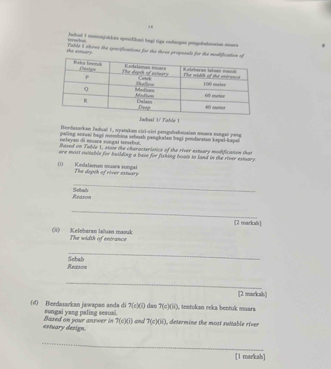 Jadual 1 menunjukkan spesifikasi bagi tiga cadangan pengubahsusian muara 
tersebut. 
Table I shows the specifications for the three proposals for the modi 
the estuary 
Jadual 1/ Table 1 
Berdasarkan Jadual 1, nyatakan ciri-ciri pengubahsuaian muara sungai yang 
paling sesuai bagi membina sebuah pangkalan bagi pendaratan kapal-kapal 
nelayan di muara sungai tersebut. 
Based on Table 1, state the characteristics of the river estuary modification that 
are most suitable for building a base for fishing boats to land in the river estuary. 
(i) Kedalaman muara sungai 
The depth of river estuary 
_ 
Sebab 
Reason 
_ 
[2 markah] 
(ii) Kelebaran laluan masuk 
The width of entrance 
_ 
Sebab 
Reason 
_ 
[2 markah] 
(d) Berdasarkan jawapan anda di 7(c)(i) dan 7(c)(ii) , tentukan reka bentuk muara 
sungai yang paling sesuai. 
Based on your answer in 7(c)(i) and 7(c)(ii) , determine the most suitable river 
estuary design. 
_ 
[1 markah]