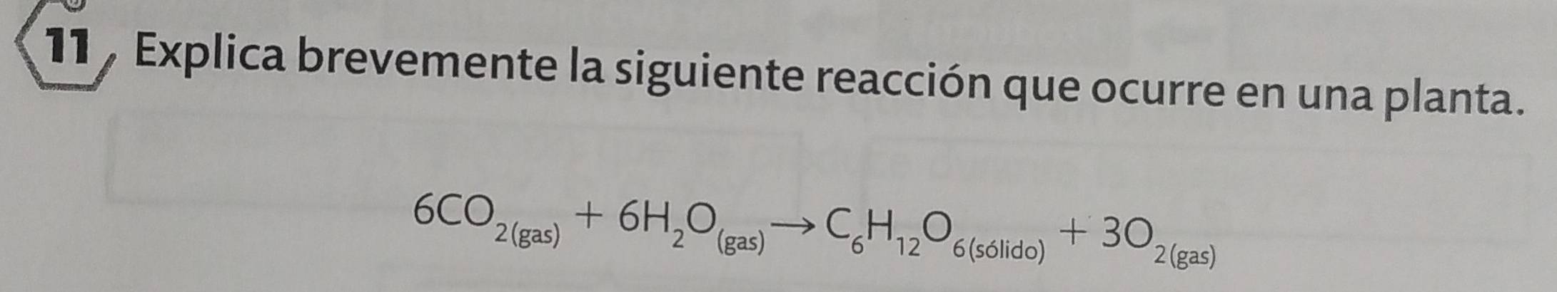 11 7 Explica brevemente la siguiente reacción que ocurre en una planta.
6CO_2(gas)+6H_2O_(gas)to C_6H_12O_6(solido)+3O_2(gas)