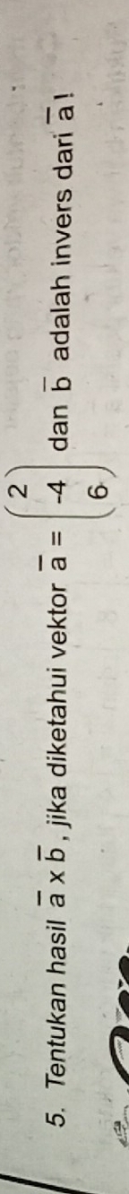 Tentukan hasil overline a* overline b , jika diketahui vektor overline a=beginpmatrix 2 -4 6endpmatrix dan overline b adalah invers dari overline a