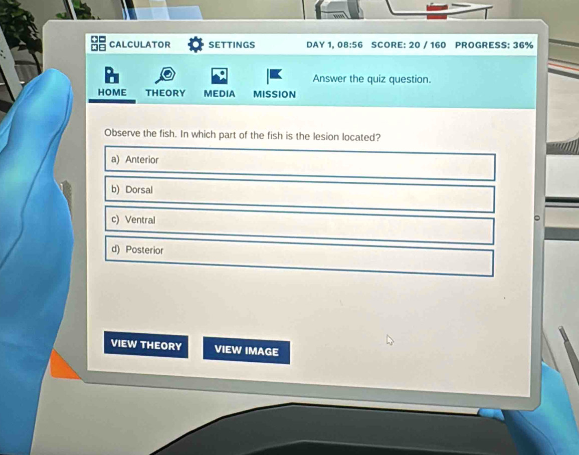 '''''
CALCULATOR SETTINGS DAY 1, 08:56 SCORE: 20 / 160 PROGRESS: 36%
B
Answer the quiz question.
HOME THEORY MEDIA MISSION
Observe the fish. In which part of the fish is the lesion located?
a) Anterior
b) Dorsal
c) Ventral
。
d) Posterior
VIEW THEORY VIEW IMAGE