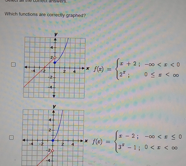 Select all the cofrect answers.
Which functions are correctly graphed?
f(x)=beginarrayl x+2;-∈fty
f(x)=beginarrayl x-2;-∈fty