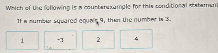 Which of the following is a counterexample for this conditional statement
If a number squared equals 9, then the number is 3.
1
-3
2
4
in