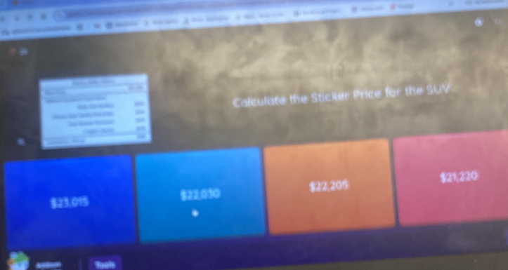 Calculate the Sticker Price for the SUV

$23,015 $22,030 $22,205 $21,220