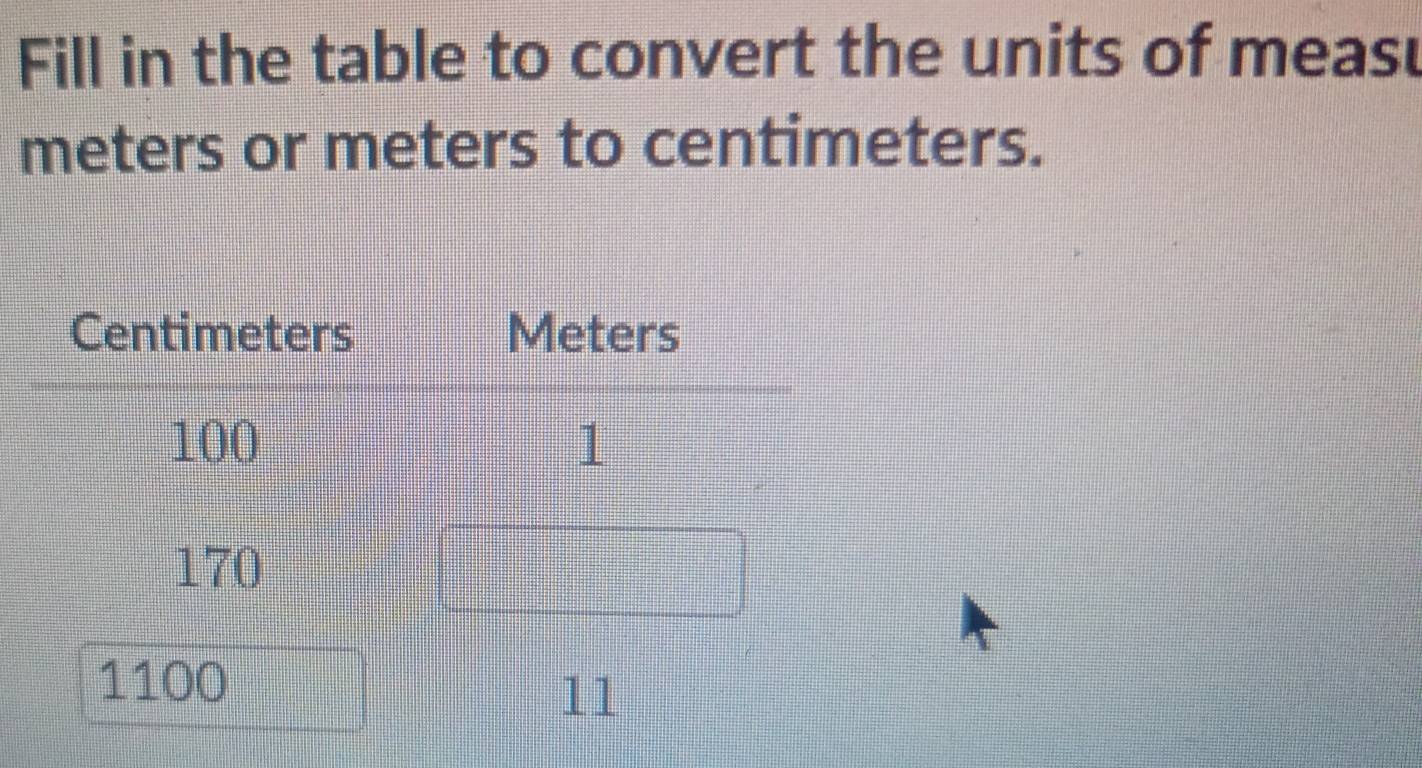 Fill in the table to convert the units of measu
meters or meters to centimeters.