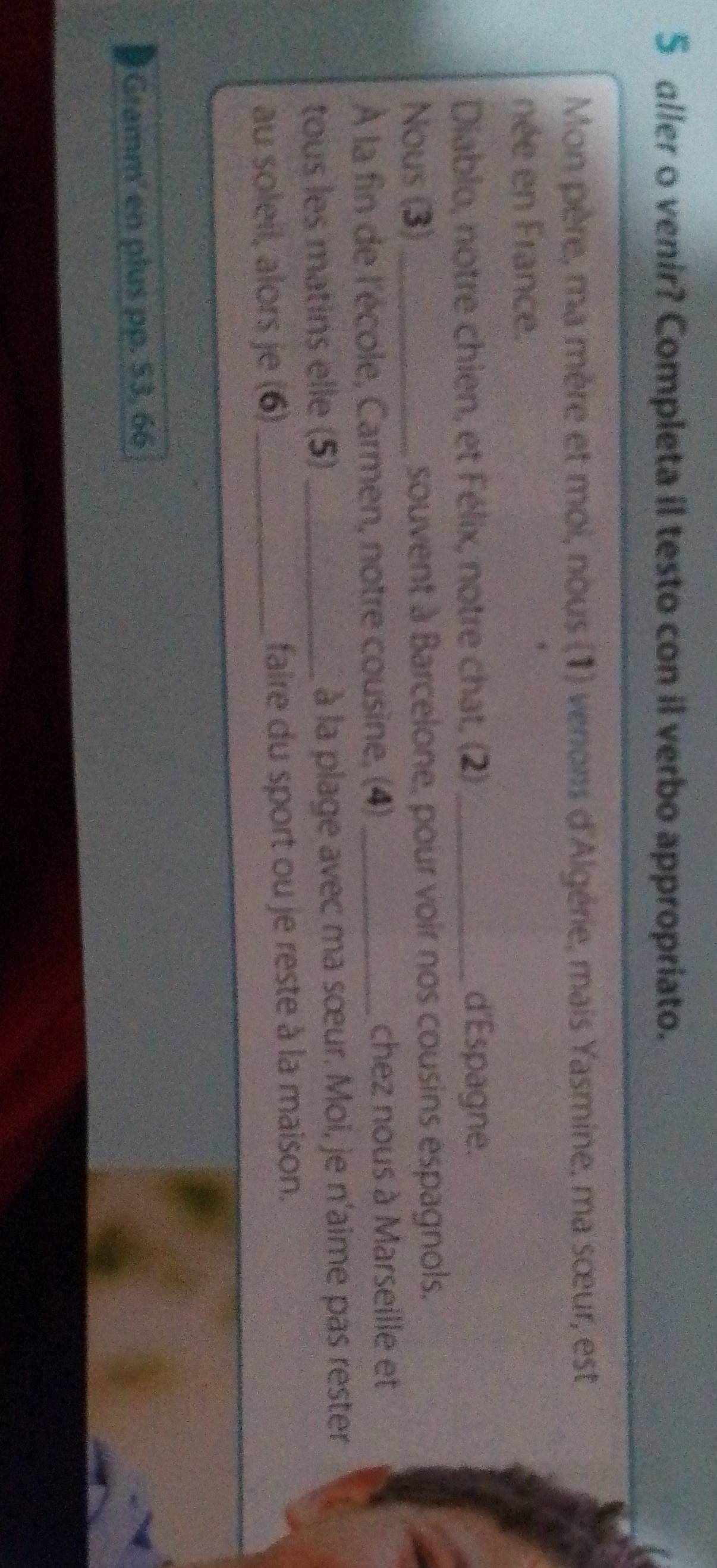 aller o venir? Completa il testo con il verbo appropriato. 
Mon père, ma mère et moi, nous (1) venons d'Algérie, mais Yasmine, ma sœur, est 
née en France. 
Diablo, notre chien, et Félix, notre chat, (2)_ d'Espagne. 
Nous (3) _souvent à Barcelone, pour voir nos cousins espagnols. 
À la fin de l'école, Carmen, notre cousine, (4) chez nous à Marseille et 
tous les matins elle (5) _à la plage avec ma sœur. Moi, je n'aime pas rester 
au soleíl, alors je (6)_ faire du sport ou je reste à la maison. 
Gramm' en plus pp. 53, 66