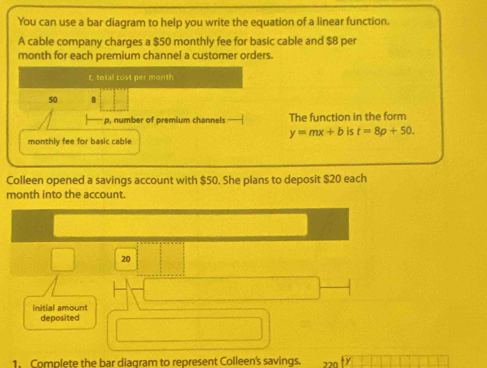 You can use a bar diagram to help you write the equation of a linear function. 
A cable company charges a $50 monthly fee for basic cable and $8 per
month for each premium channel a customer orders.
t, total cost per month
50 8
p, number of premium channels The function in the form
y=mx+b is t=8p+50. 
monthly fee for basic cable 
Colleen opened a savings account with $50. She plans to deposit $20 each
month into the account.
20
initial amount 
deposited 
1. Complete the bar diagram to represent Colleen's savings. 220 y