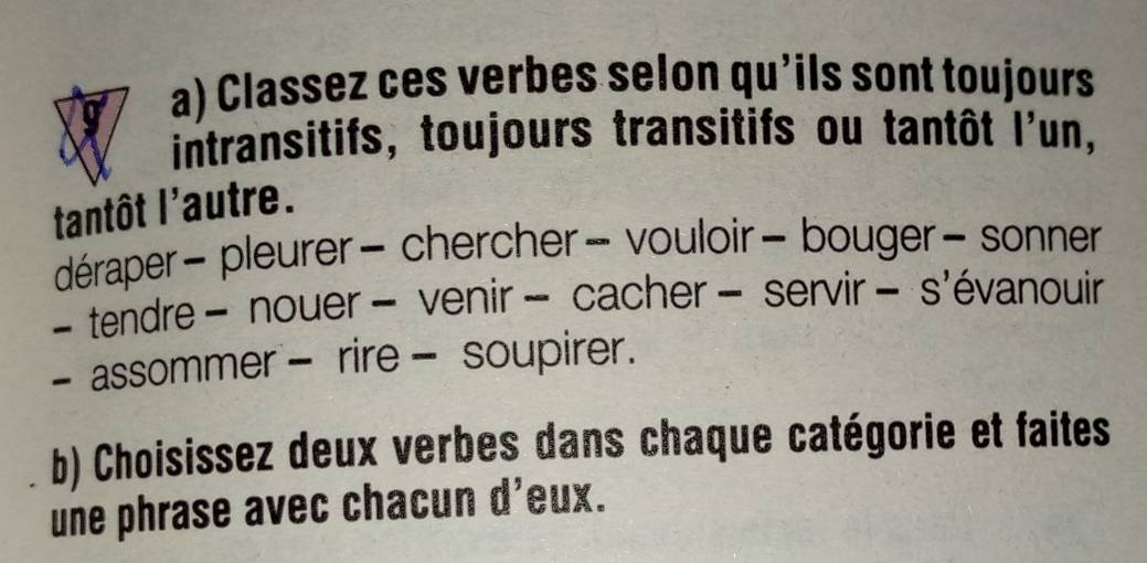 Classez ces verbes selon qu’ils sont toujours 
intransitifs, toujours transitifs ou tantôt l'un, 
tantôt l'autre. 
déraper - pleurer - chercher - vouloir - bouger - sonner 
- tendre - nouer - venir - cacher - servir - s'évanouir 
- assommer - rire - soupirer. 
b) Choisissez deux verbes dans chaque catégorie et faites 
une phrase avec chacun d'eux.