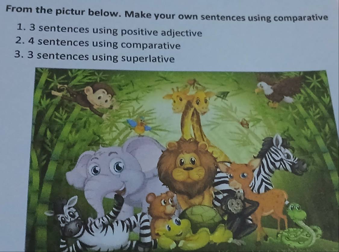 From the pictur below. Make your own sentences using comparative 
1. 3 sentences using positive adjective 
2. 4 sentences using comparative 
3. 3 sentences using superlative