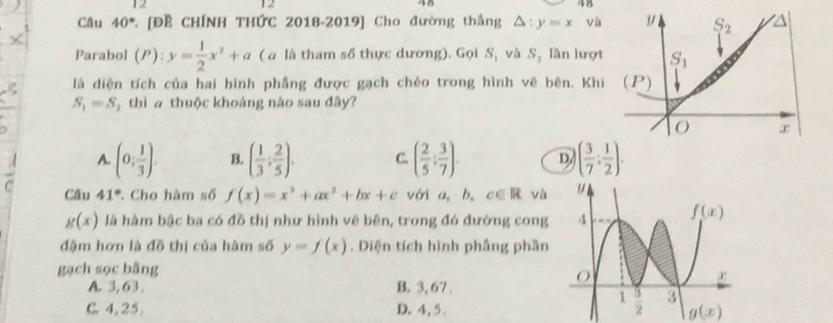 12
12    4B
Câu 40° C [ĐB CHÍNH THỨC 2018-2019] Cho đường thắng △ :y=x và
Parabol (P):y= 1/2 x^2+a ( a là tham số thực dương). Gọi S_1 và S_2 lần lượt
là diện tích của hai hình phẳng được gạch chéo trong hình vẽ bên. Khi
S_1=S 5 thì  thuộc khoảng nào sau đây?
2 A. (0, 1/3 ). B. ( 1/3 ; 2/5 ). C. ( 2/5 ; 3/7 ). D ( 3/7 : 1/2 ).
C Câu 41°. Cho hàm số f(x)=x^3+ax^2+bx+c với a,b, c∈ R và
g(x) là hàm bậc ba có đồ thị như hình vẽ bên, trong đó đường cong
đậm hơn là đồ thị của hàm số y=f(x). Diện tích hình phầng phần
gạch sọc bằng
A. 3,63. B. 3, 67 .
C.4, 25. D. 4, 5 . g(x)