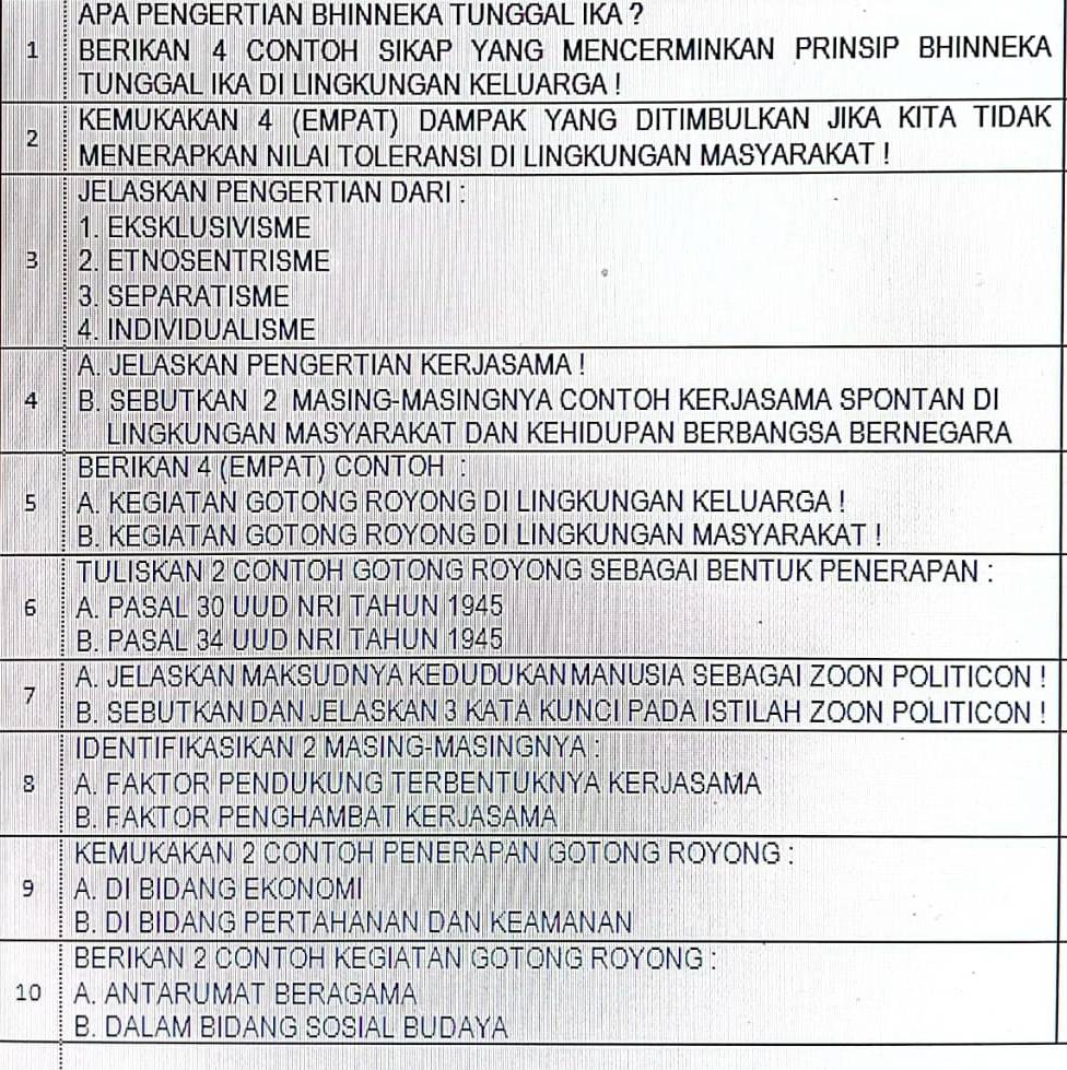 APA PENGERTIAN BHINNEKA TUNGGAL IKA ? 
1 BERIKAN 4 CONTOH SIKAP YANG MENCERMINKAN PRINSIP BHINNEKA 
AK
2
3
4
5
6
7N! 
N !
8
9
10
B. DALAM BIDANG SOSIAL BUDAYA