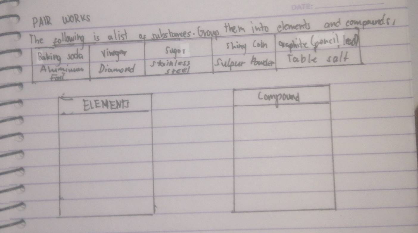 Solved: PARR WORKS The following is alist of substances. Group them ...