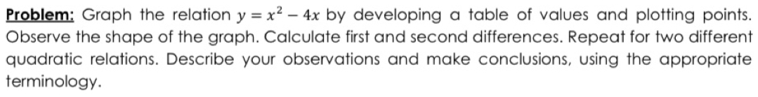 Problem: Graph the relation y=x^2-4x by developing a table of values and plotting points. 
Observe the shape of the graph. Calculate first and second differences. Repeat for two different 
quadratic relations. Describe your observations and make conclusions, using the appropriate 
terminology.