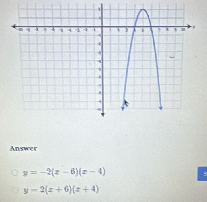 Answer
y=-2(x-6)(x-4)
y=2(x+6)(x+4)