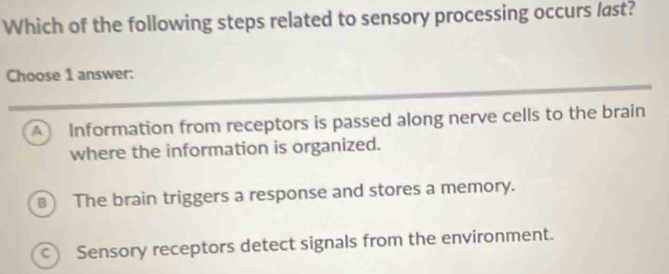 Which of the following steps related to sensory processing occurs last?
Choose 1 answer:
A Information from receptors is passed along nerve cells to the brain
where the information is organized.
) The brain triggers a response and stores a memory.
Sensory receptors detect signals from the environment.