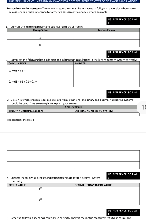 AND MEASUREMENT UNITS AND AN AWARENESS OF ERROR IN THE CONTEXT OF RELEVANT CALCULATIONS
Instructions to the Assessor: The following questions must be answered in full giving examples where asked.
The assessor can make reference to formative assessment evidence where available.
US REFERENCE: SO 1 AC
1
US REFERENCE: SO 1 AC
2
2. Complete the following basic addition and subtraction calculations in the binary number system correctly:
US REFérENCE: sO 1 aC
3
3. Explain in which practical applications (everyday situations) the binary and decimal numbering systems
could be used. Give an example to explain your answer.
APPLICATIONS 1(
BINARY NUMERING SYSTEM  DECIMAL NÜMBERING SYSTEM
Assessment: Module 1
11
US REFERENCE: SO 2 AC
4. Convert the following prefixes indicating magnitude tot the decimal system 1
US REFERENCE: SO 2 AC
2
5. Read the following scenarios carefully to correctly convert the metric measurements to imperial, and