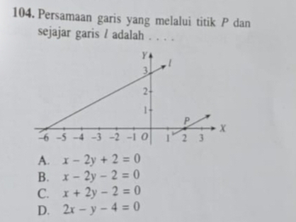 Persamaan garis yang melalui titik P dan
sejajar garis / adalah . . . .
A. x-2y+2=0
B. x-2y-2=0
C. x+2y-2=0
D. 2x-y-4=0