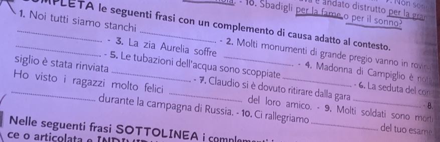 é é andato distrutto per la gra 
Mula. - 16. Sbadigli per la fame o per il sonno? 
PLETA le seguenti frasi con un complemento di causa adatto al contesto. 
_1. Noi tutti siamo stanchi _- 2. Molti monumenti di grande pregio vanno in rovina
- 3. La zia Aurelia soffre - 4. Madonna di Campiglio é nota 
- 5. Le tubazioni dell’acqua sono scoppiate - 6. La seduta del con 
siglio è stata rinviata - 7. Claudio si è dovuto ritirare dalla gara 
_Ho visto i ragazzi molto felici _del loro amico. - 9. Molti soldati sono morti
- 8. 
durante la campagna di Russia. - 10. Ci rallegriamo _del tuo esame 
Nelle seguenti frasi SOTTOLINEA i complem 
ce o articolata e IND