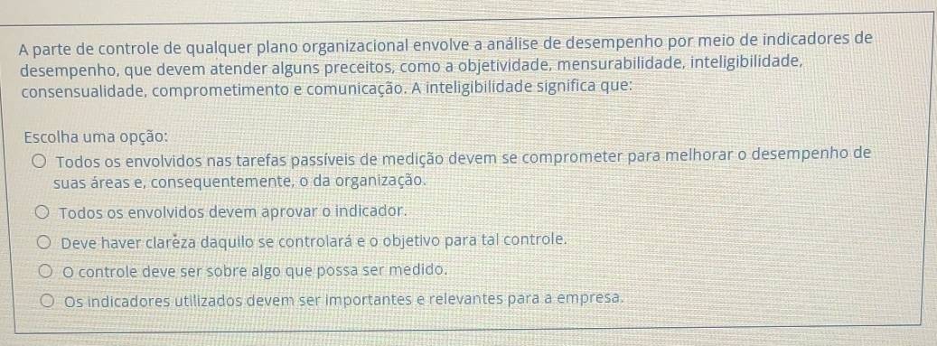 A parte de controle de qualquer plano organizacional envolve a análise de desempenho por meio de indicadores de
desempenho, que devem atender alguns preceitos, como a objetividade, mensurabilidade, inteligibilidade,
consensualidade, comprometimento e comunicação. A inteligibilidade significa que:
Escolha uma opção:
Todos os envolvidos nas tarefas passíveis de medição devem se comprometer para melhorar o desempenho de
suas áreas e, consequentemente, o da organização.
Todos os envolvidos devem aprovar o indicador.
Deve haver clareza daquilo se controlará e o objetivo para tal controle.
O controle deve ser sobre algo que possa ser medido.
Os indicadores utilizados devem ser importantes e relevantes para a empresa.